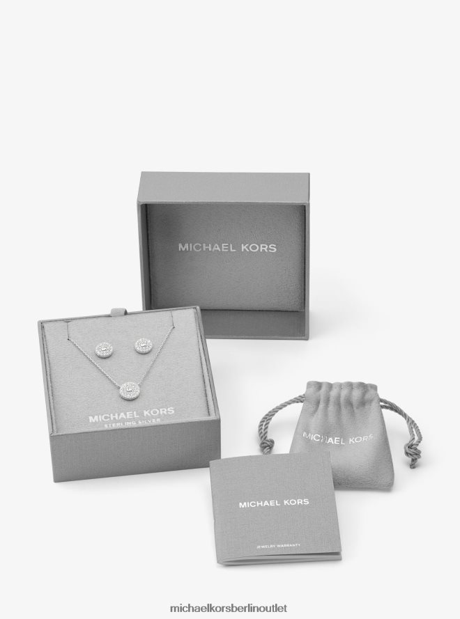 Schmuck de Michael Kors Frauen Set aus Ohrringen und Halskette aus Sterlingsilber mit Pavé-Logo-Scheibe Silber 404V222494