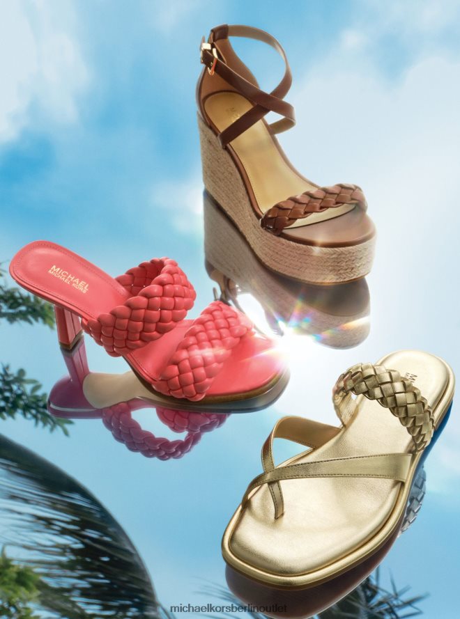 Schuhe de Michael Kors Frauen Alba-Sandale aus geflochtenem Metallic-Kunstleder Weißgold 404V222057