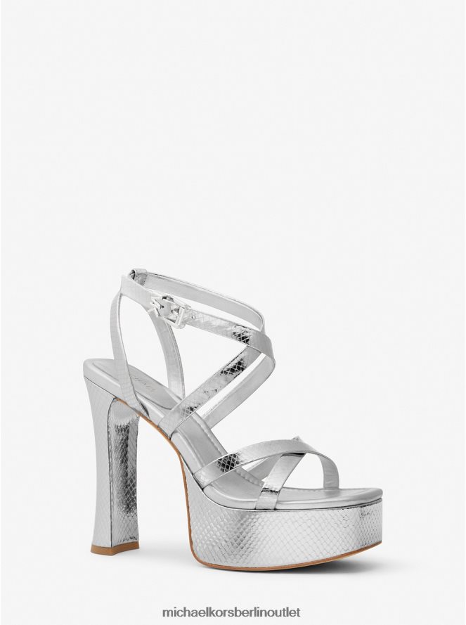 Schuhe de Michael Kors Frauen Paola Plateausandale aus Leder mit metallischer Schlangenprägung Silber 404V221887