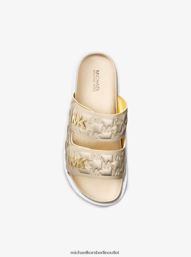 Schuhe de Michael Kors Frauen Slide-Sandale aus Kunstleder mit starker Metallic-Logoprägung Weißgold 404V221955