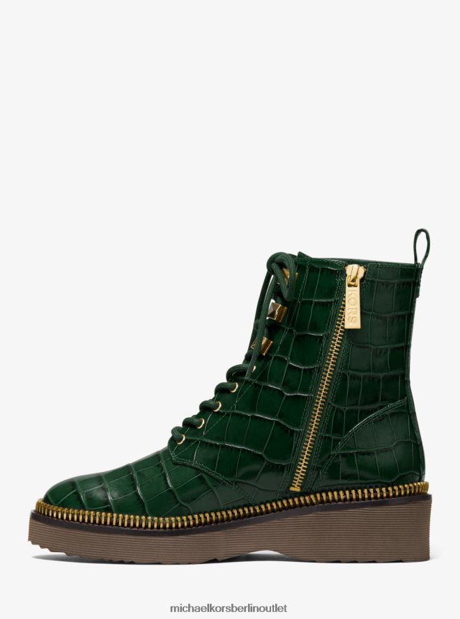 Schuhe de Michael Kors Frauen Haskell Kampfstiefel aus Leder mit Krokodilprägung Moos 404V222210