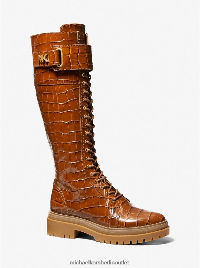 Schuhe de Michael Kors Frauen Starker Kampfstiefel aus Leder mit Krokodilprägung Kastanie 404V222145
