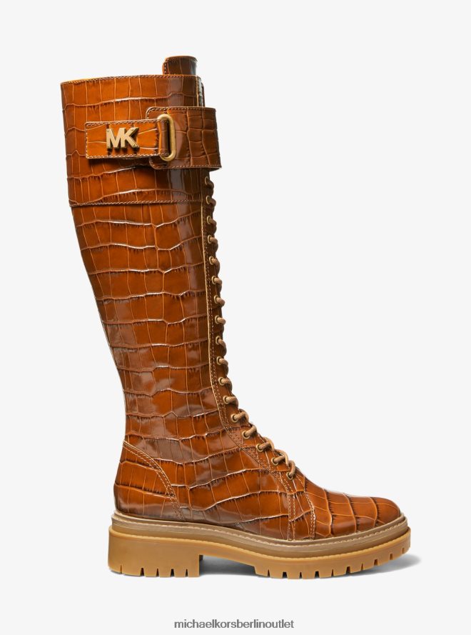 Schuhe de Michael Kors Frauen Starker Kampfstiefel aus Leder mit Krokodilprägung Kastanie 404V222145