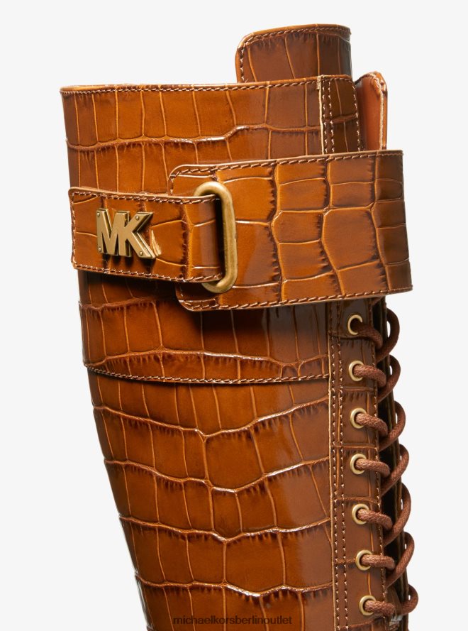 Schuhe de Michael Kors Frauen Starker Kampfstiefel aus Leder mit Krokodilprägung Kastanie 404V222145