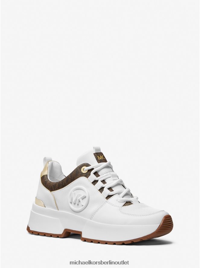Schuhe de Michael Kors Frauen Cosmo-Logo und Kunstleder-Sneaker op weiß/braun 404V221741