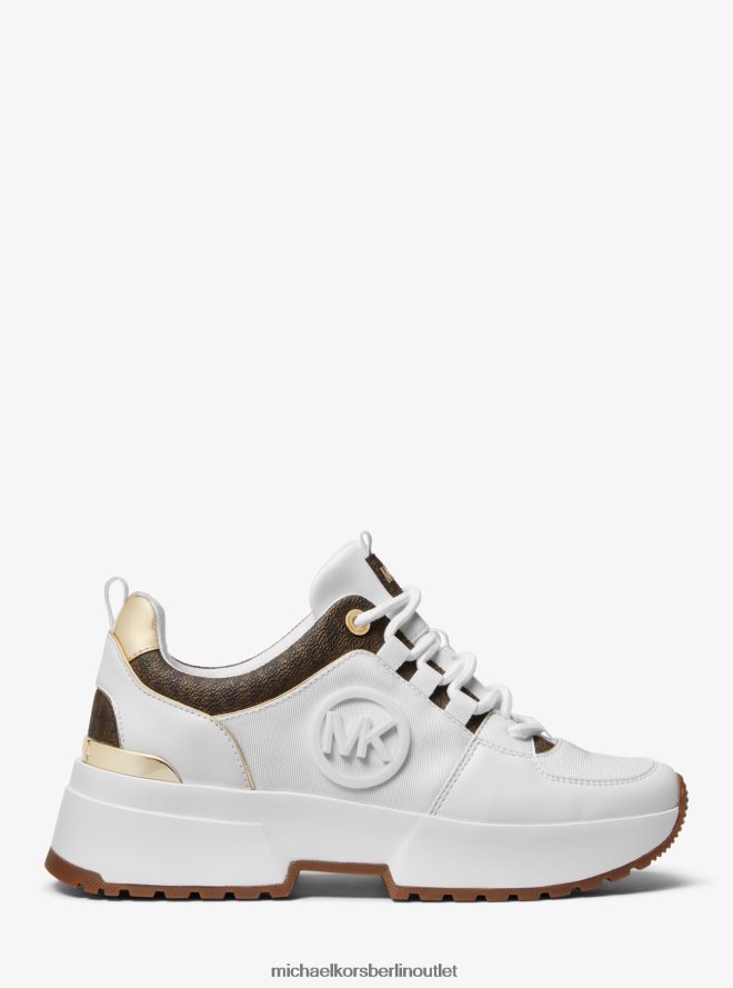 Schuhe de Michael Kors Frauen Cosmo-Logo und Kunstleder-Sneaker op weiß/braun 404V221741