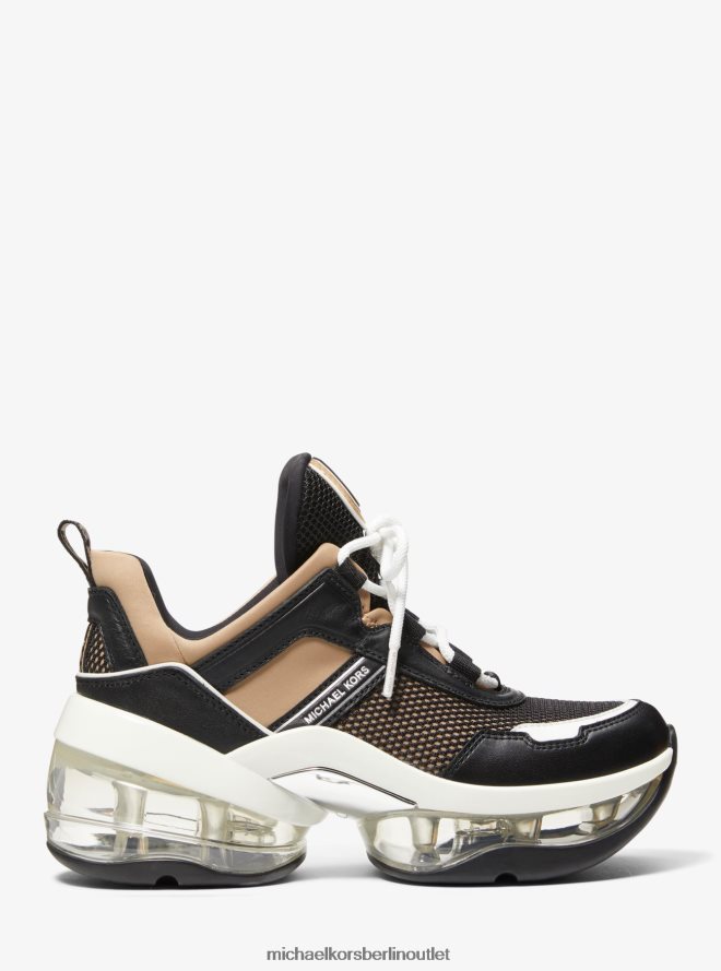 Schuhe de Michael Kors Frauen Olympia Extreme Leder- und Scuba-Trainer Kamelkombination 404V221751