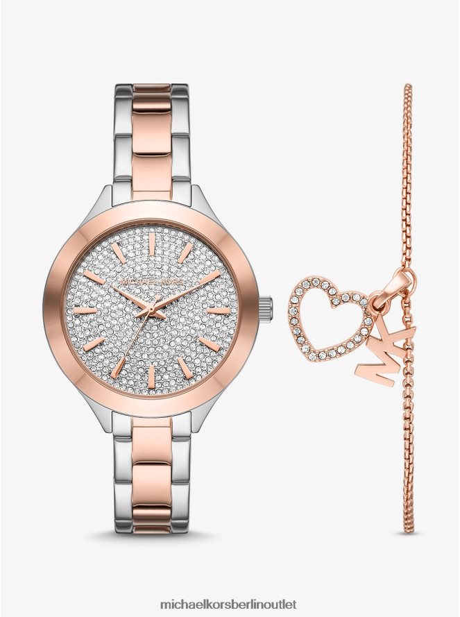 Zubehör de Michael Kors Frauen Set aus zweifarbiger Pavé-Armbanduhr und Herzarmband zweifarbig 404V222428
