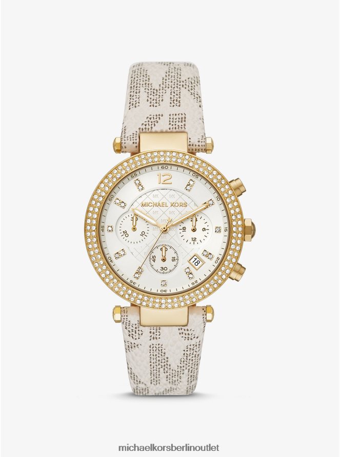 Zubehör de Michael Kors Frauen Übergroße, goldfarbene Parker Pavé-Uhr mit Logo Vanille 404V222429