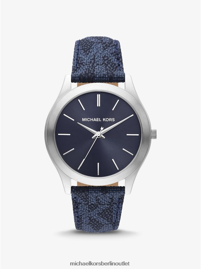 Zubehör de Michael Kors Frauen übergroßes, schlankes Laufsteglogo und silberfarbene Uhr Marine 404V222426