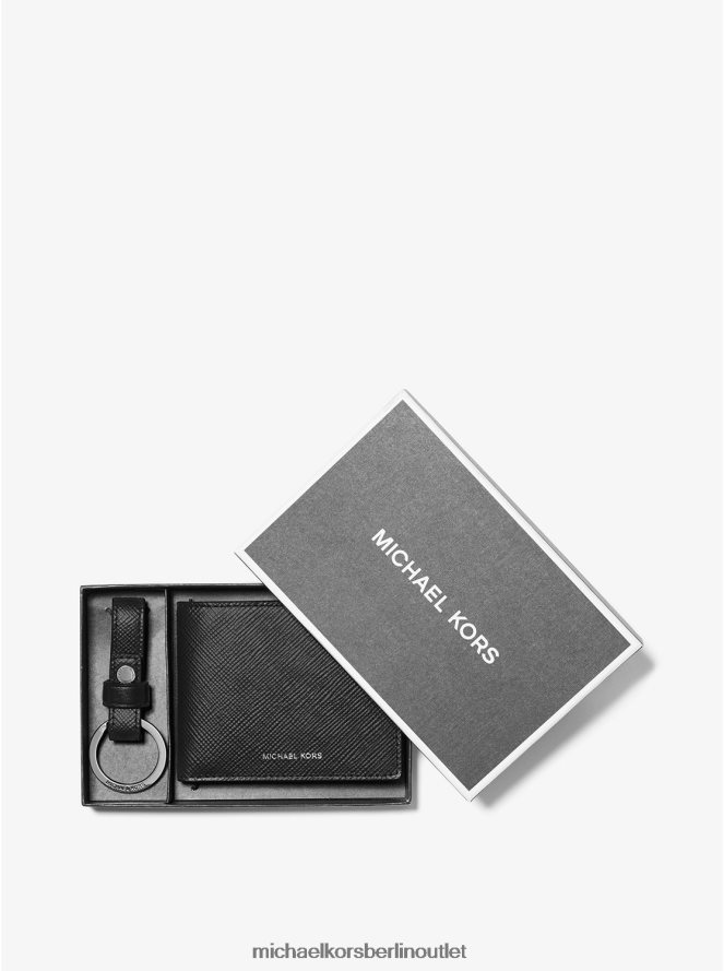 Zubehör de Michael Kors Männer Brieftasche aus quer genarbtem Leder mit Schlüsselanhänger Schwarz 404V223201