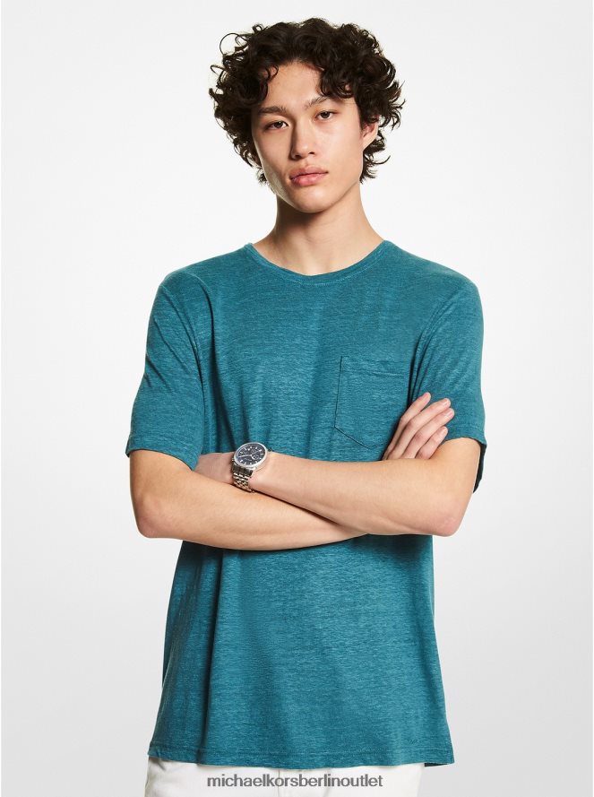 Kleidung de Michael Kors Männer T-Shirt aus geflammtem Leinen mit Taschen nassau blaugrün 404V223010