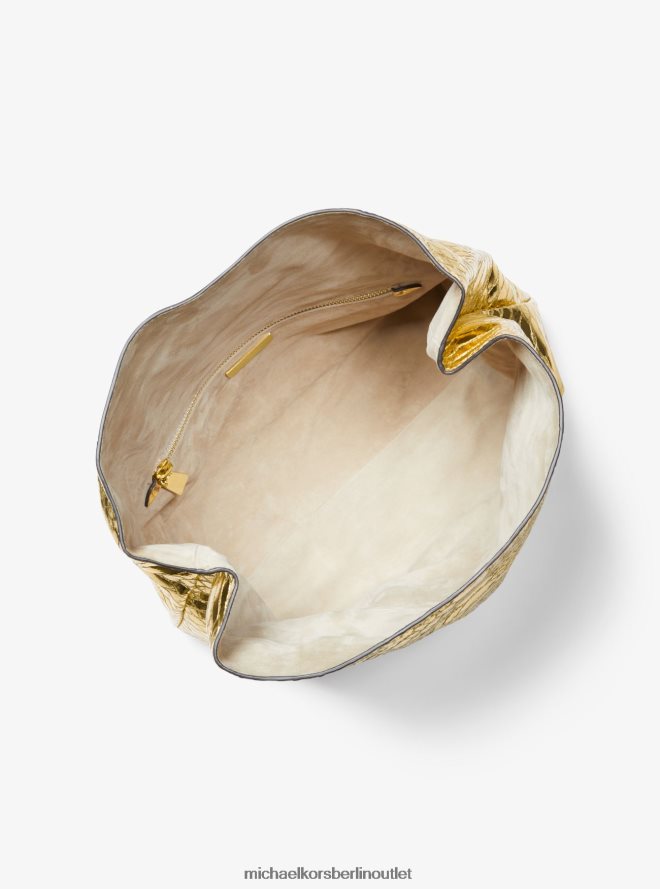 Zubehör de Michael Kors unisex Mittelgroße Lunchbox-Clutch aus geprägtem Leder mit Pythonprägung aus der Kollektion „Monogramme“. Gold 404V223789