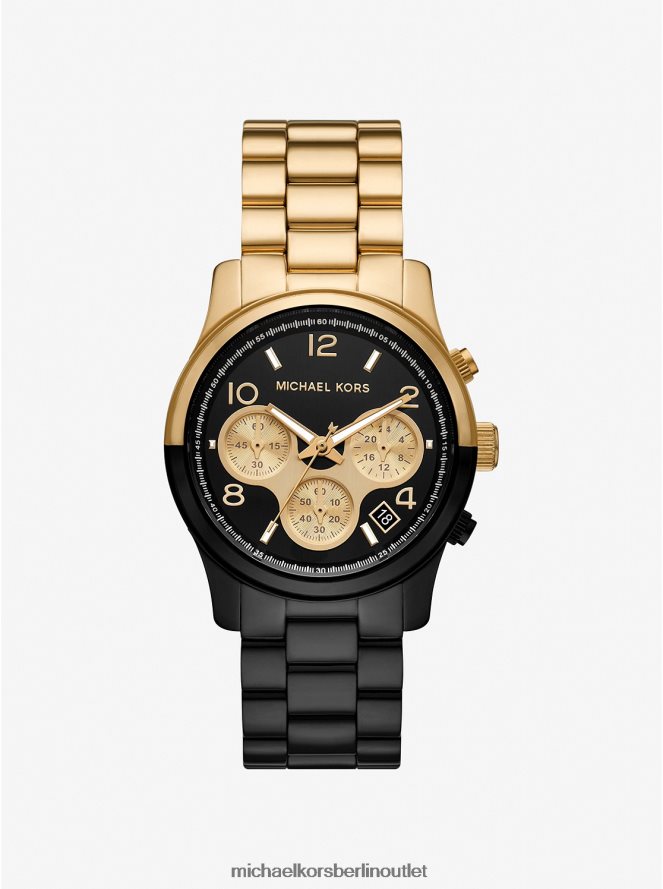 Zubehör de Michael Kors unisex Zweifarbige Runway-Uhr schwarzes Gold 404V223961