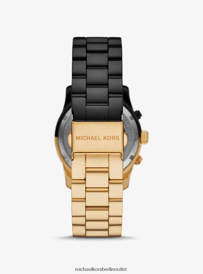 Zubehör de Michael Kors unisex Zweifarbige Runway-Uhr schwarzes Gold 404V223961