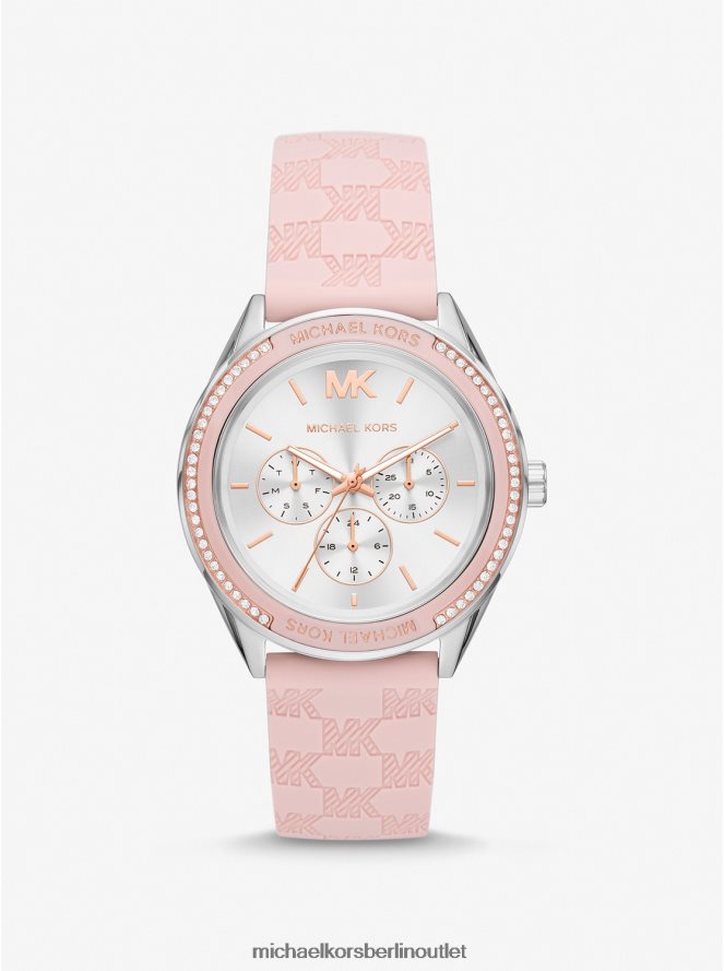 Zubehör de Michael Kors unisex Übergroße Jessa-Armbanduhr aus silberfarbenem und geprägtem Silikon Rosa 404V223989