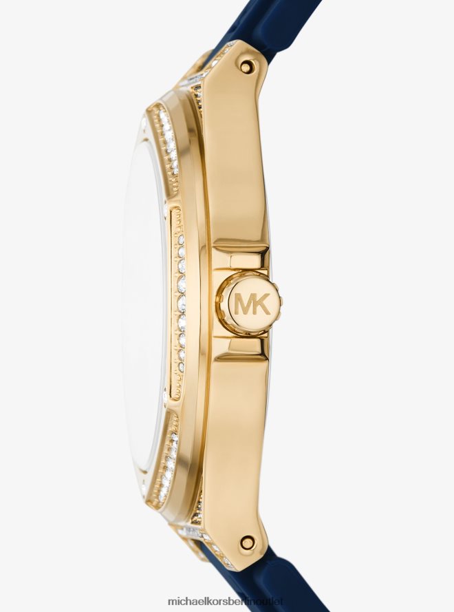 Zubehör de Michael Kors unisex Übergroße Lennox Pavé-Armbanduhr aus goldfarbenem Silikon Marine 404V223970