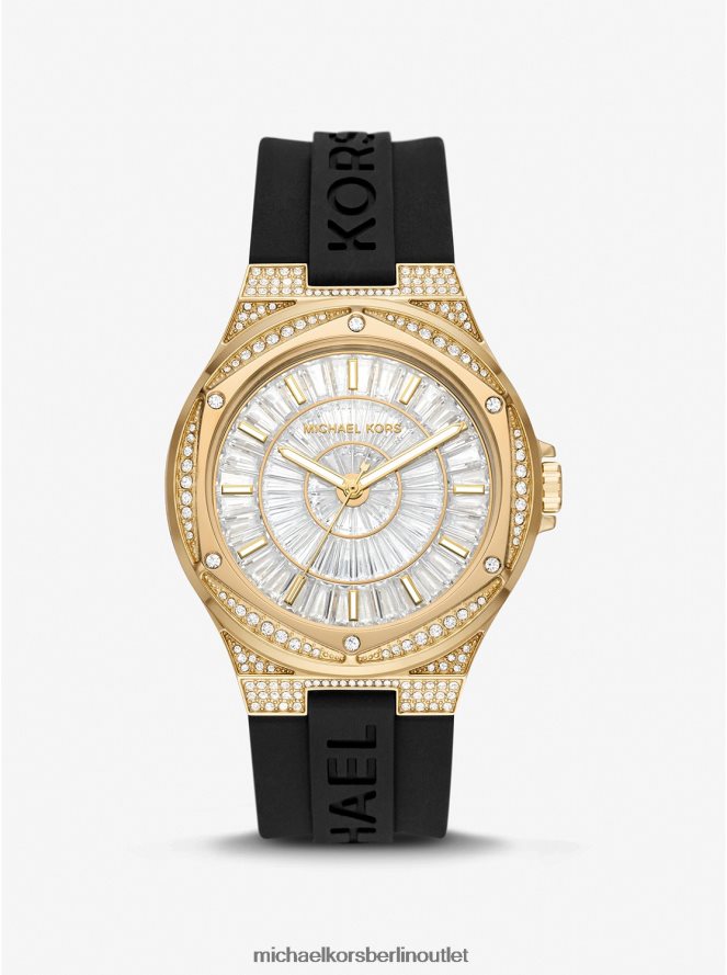 Zubehör de Michael Kors unisex Übergroße Lennox Pavé-Armbanduhr aus goldfarbenem Silikon Schwarz 404V223971